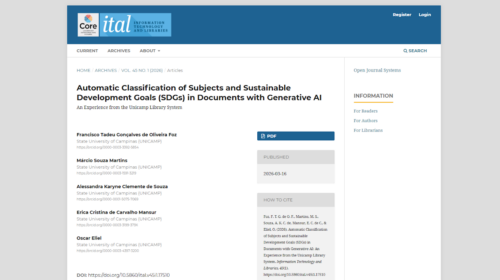 artigo científico na revista "ital: Information Technology and Libraries". O título do artigo é "Automatic Classification of Subjects and Sustainable Development Goals (SDGs) in Documents with Generative AI", com o subtítulo "An Experience from the Unicamp Library System".